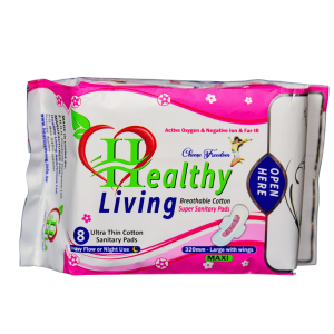 Healthy Living Breathable Cotton Super Sanitary Pads – Maxi Night/Heavy Flow (8 Packs)