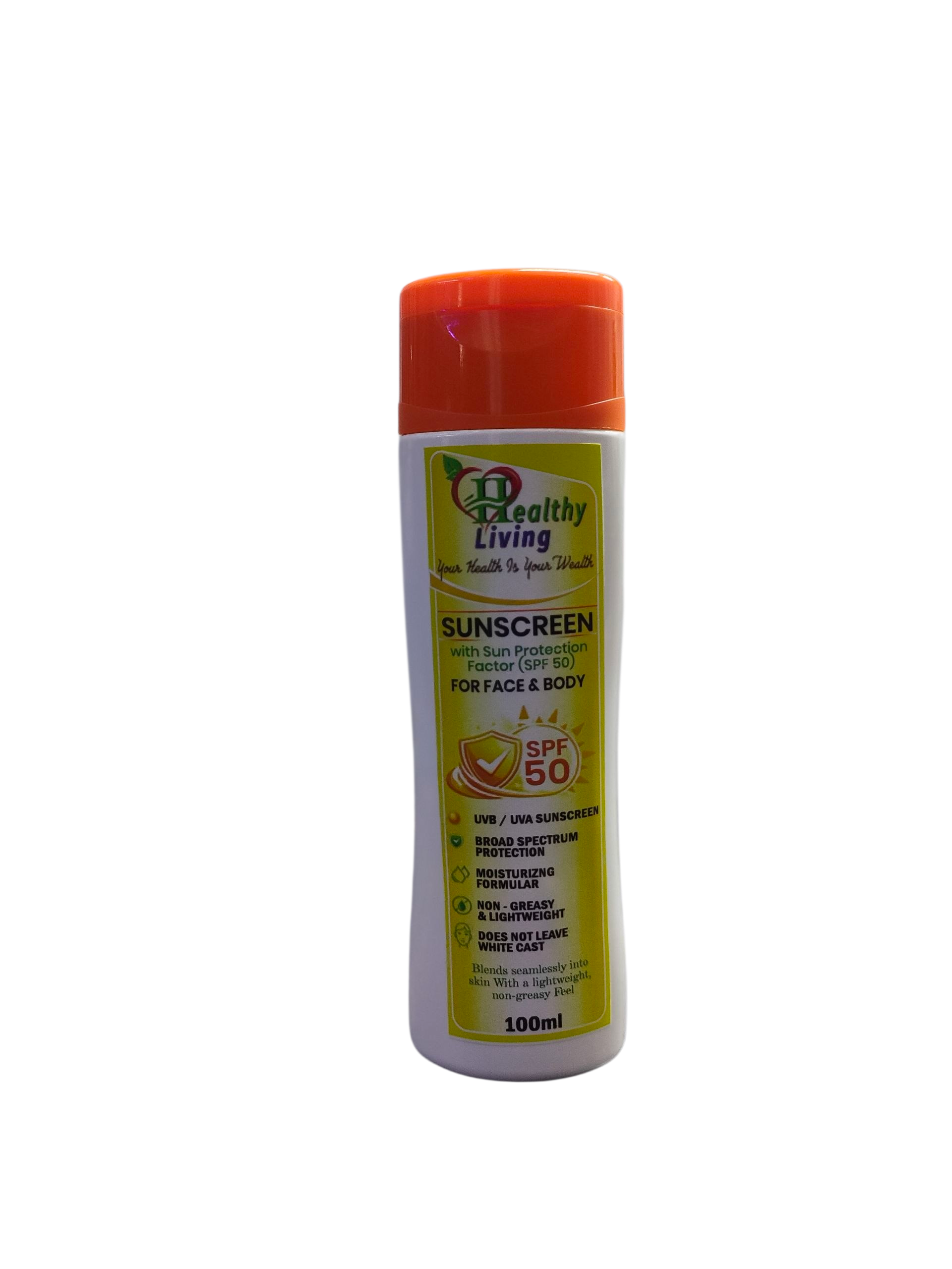 Healthy Living Broad Spectrum Sunscreen SPF 50 for Face & Body – Non-Greasy & Zero White Cast (100ml)